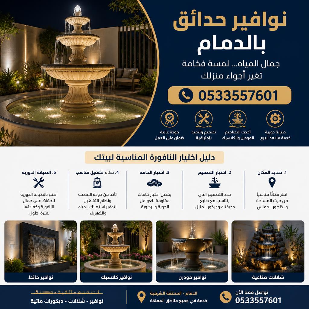 نوافير حدائق بالدمام0532942629| دليل اختيار النافورة المناسبة لبيتك