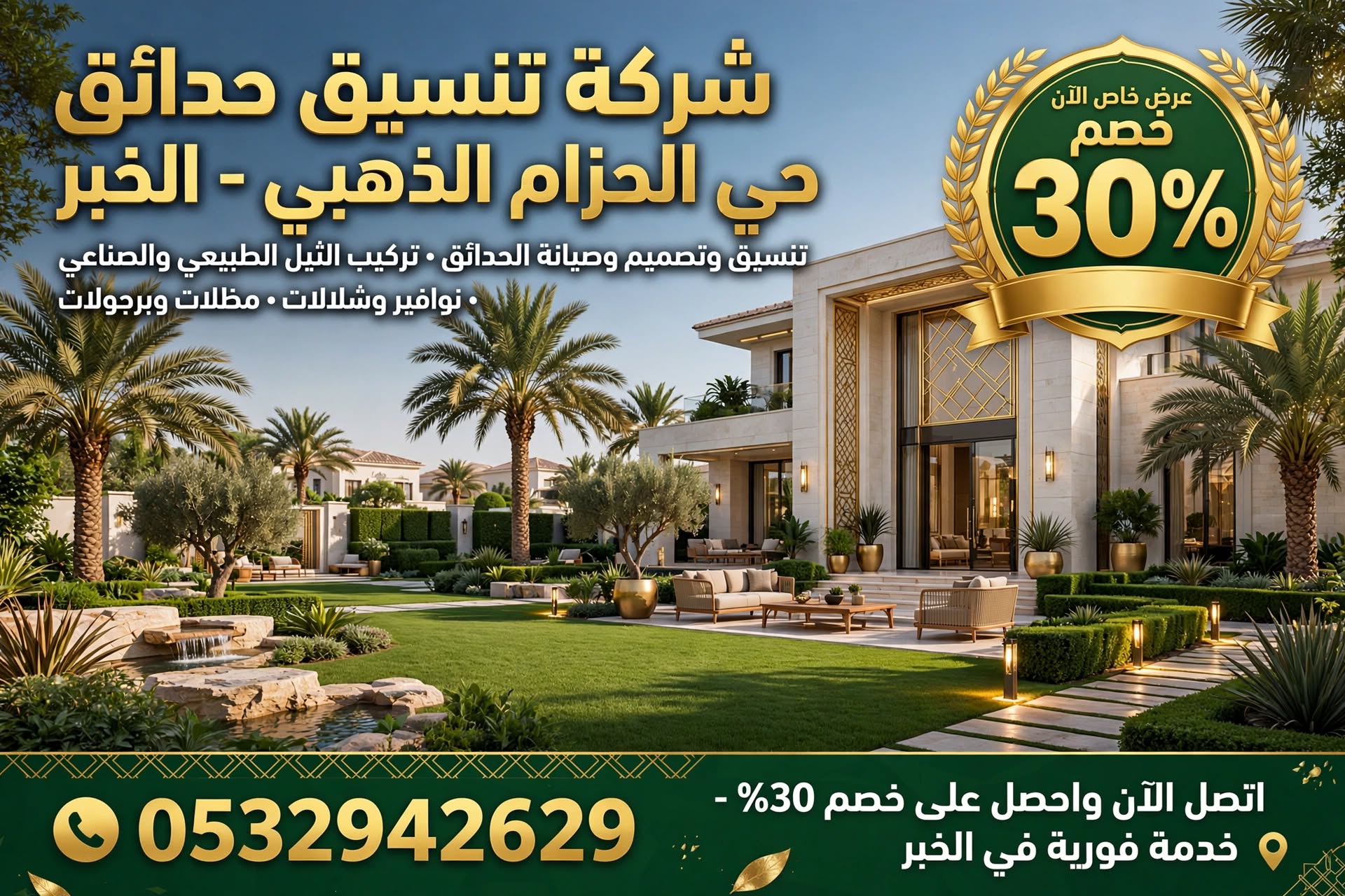 شركة تنسيق حدائق حي الحزام الذهبي الخبر | خصم 30% – 0532942629